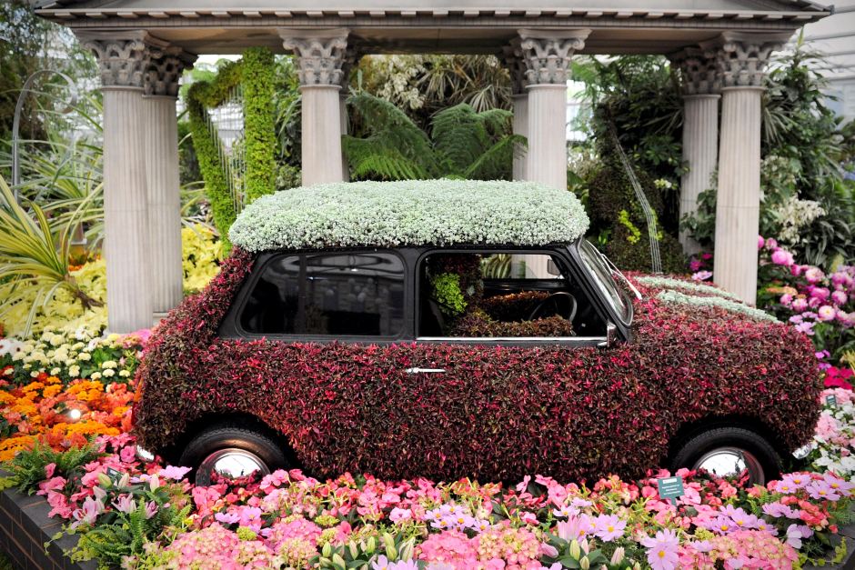 car covered with flowers at Chelsea Flower Show