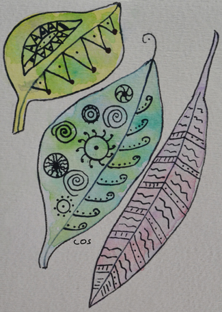 leaf watercolor with Zentangle