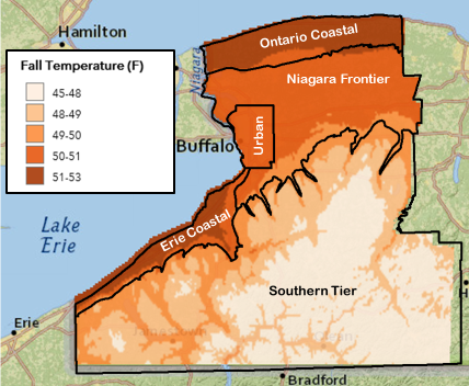 map showing average temperatures in autumn in WNY