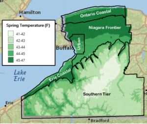 map of average spring temperatures in climate zones in WNY