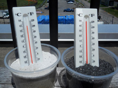 thermometers in white sand and black sand