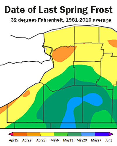 map of last frost dates in Western New York 