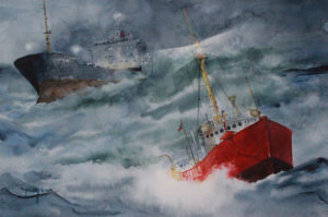watercolor painting of ships in lake storm