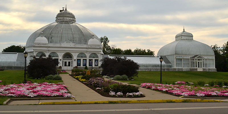 Buffalo and Erie County Botanical Gardens entrance with sun and clouds