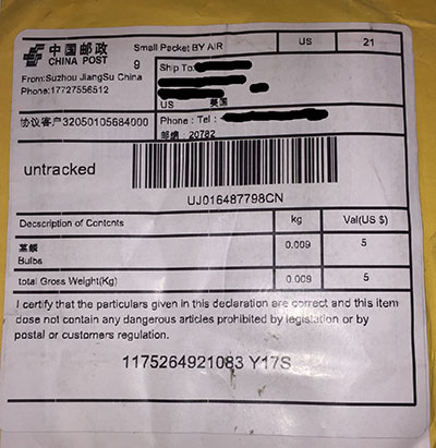 package containing unsolicited seeds from China