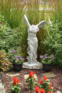 replica of Winged Victory statue in Amherst garden