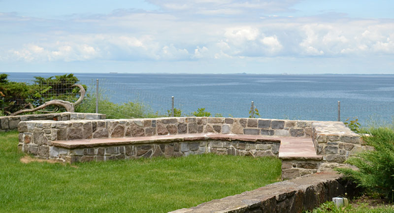 stone bench with view of Lake Erie at Graycliff in Derby NY