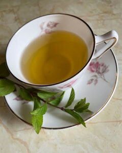 mint tea in cup with sprig of mint copyright Connie Oswald Stofko