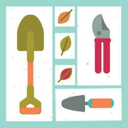 drawings of garden tools and leaves